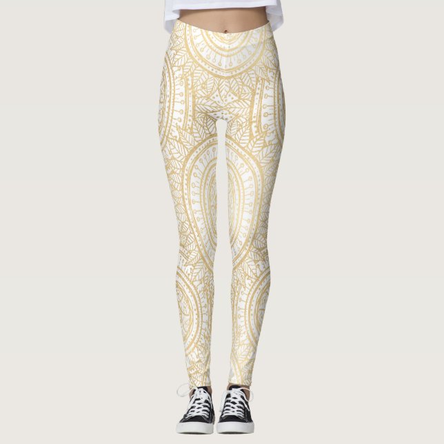 Elegantes Gold Mandala Sonnenblume Weißes Muster Leggings (Vorderseite)