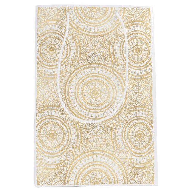 Elegantes Gold Mandala Sonnenblume Weißes Muster Mittlere Geschenktüte (Vorderseite)