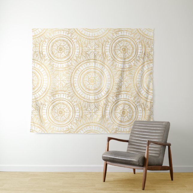 Elegantes Gold Mandala Sonnenblume Weißes Muster Wandteppich (Beispiel (Horizontal))