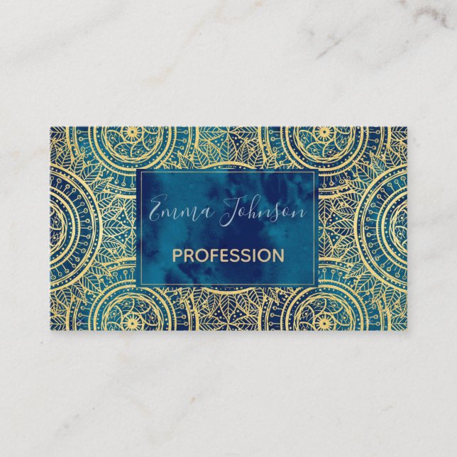 Elegantes Gold Mandala Sonnenblumen Blaues Muster Visitenkarte (Vorderseite)