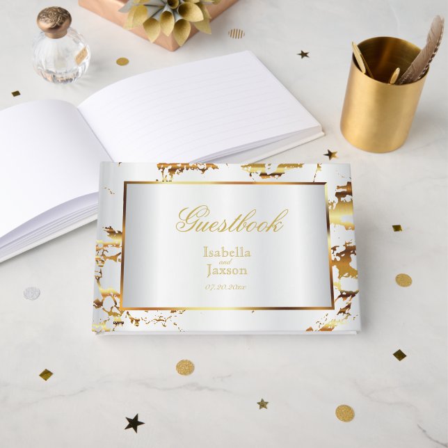 Elegantes Gold Marmor und White Satin Gästebuch (Vorderseite Offen)