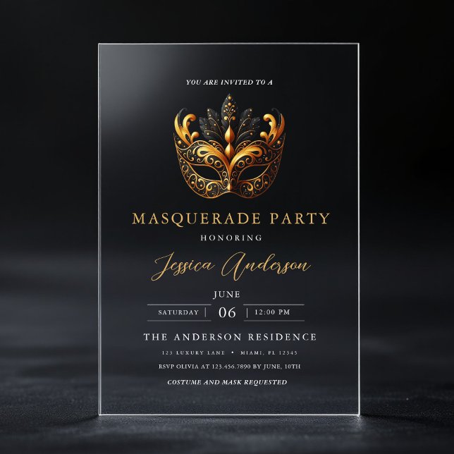 Elegantes Gold Masquerade Party Geburtstag Acryleinladungen (Von Creator hochgeladen)