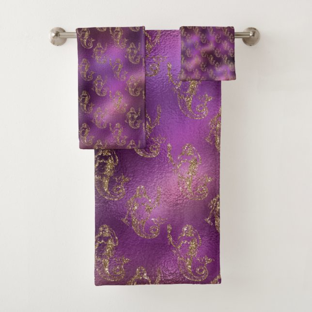 Elegantes Gold Mermaid Muster Lila Metallic Badhandtuch Set (Insitu)