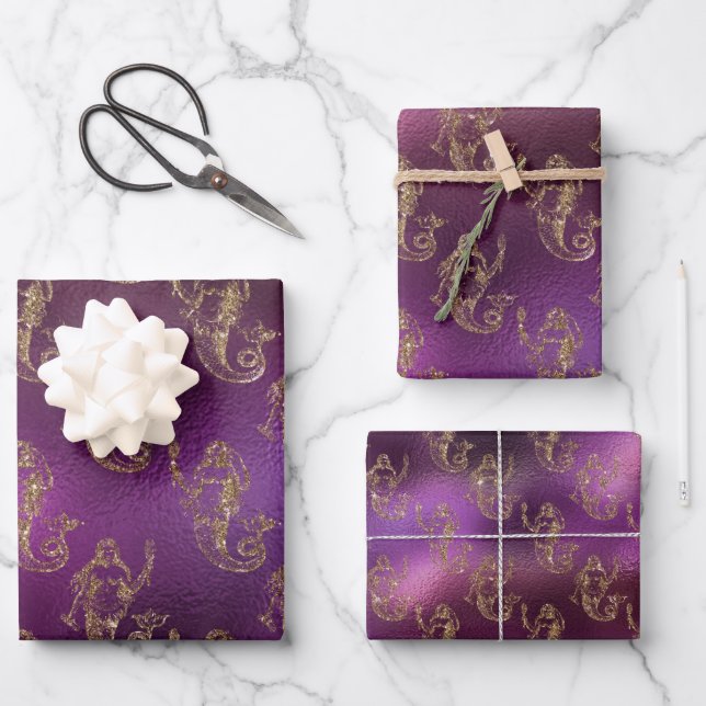 Elegantes Gold Mermaid Muster Lila Metallic Shiny Geschenkpapier Set (Vorderseite)