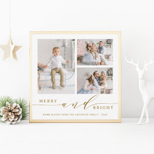 Elegantes Gold Merry & Bright 3-Foto-Quadrat  Feiertagskarte