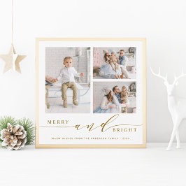 Elegantes Gold Merry & Bright 3 Foto Square Feiertagskarte