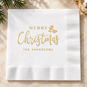 Elegantes Gold Merry Christmas Script Familienname Servietten Mit Folie