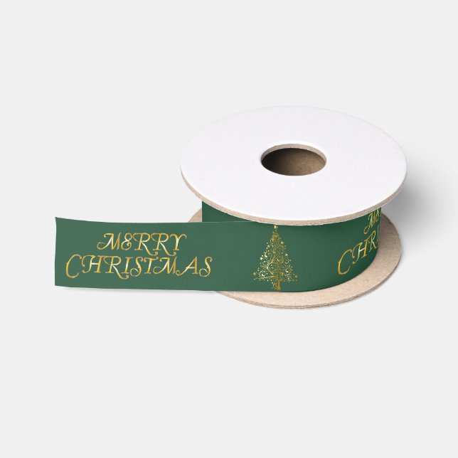 Elegantes Gold Merry Christmas Tree Satin Ribbon Satinband (Spule)