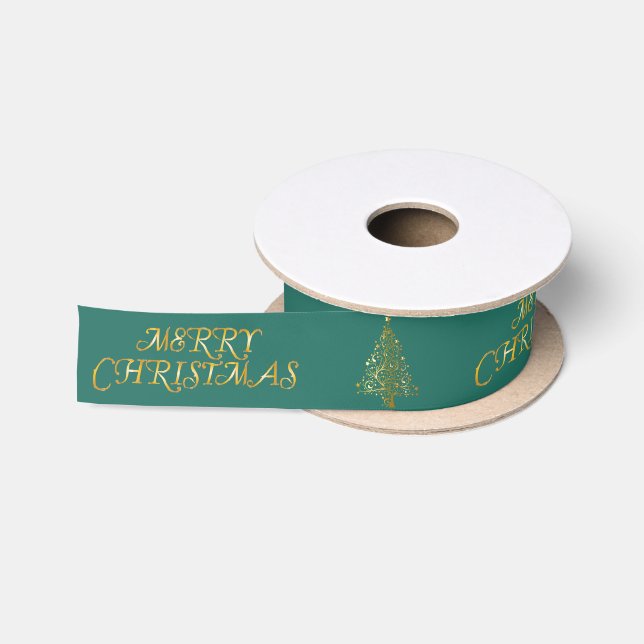 Elegantes Gold Merry Christmas Tree Satin Ribbon Satinband (Spule)