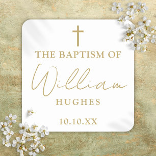 Elegantes Gold Minimalistische Taufe Christening Quadratischer Aufkleber