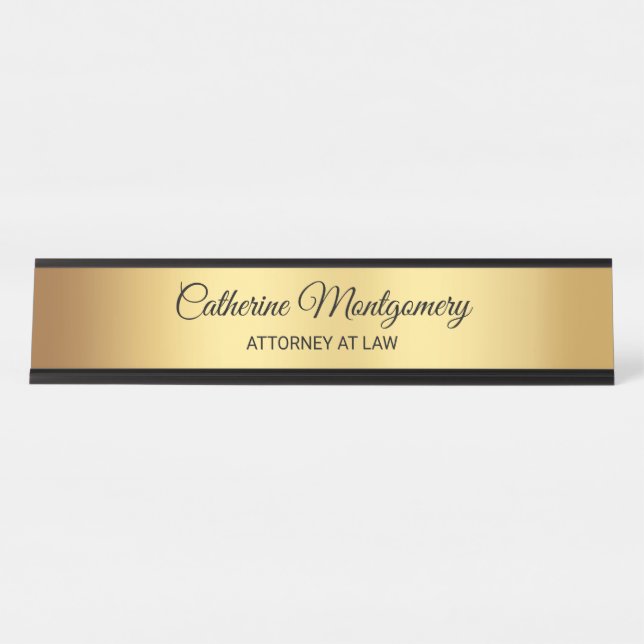 Elegantes Gold mit Black Script Typografy Anwalt Schreibtischnamensplakette (Vorderseite )