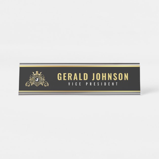 Elegantes Gold Monogram, erstes Design Schreibtischnamensplakette (Vorderseite )