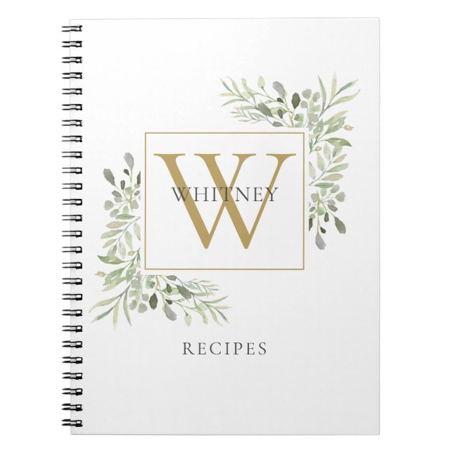 Elegantes Gold Monogram Greenery Rezept Kochbuch Notizblock (Vorderseite)