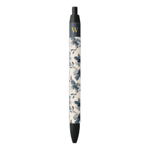 Elegantes Gold Monogram Navy Blue Floral Muster Kugelschreiber