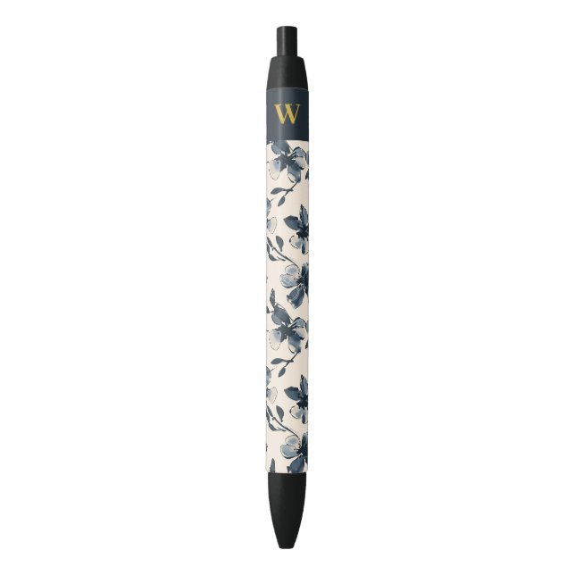 Elegantes Gold Monogram Navy Blue Floral Muster Kugelschreiber (Vorderseite Vertikal)