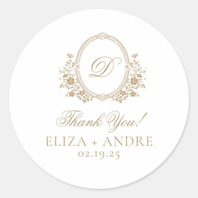 Elegantes Gold Monogram Wappen Wedding Classic Rou Runder Aufkleber (Vorderseite)