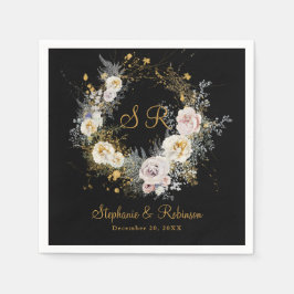 Elegantes Gold Monogramm auf schwarzem Hochzeitspa Serviette