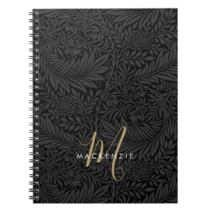 Elegantes Gold-Monogramm Schwarzes Blumenmuster Notizblock