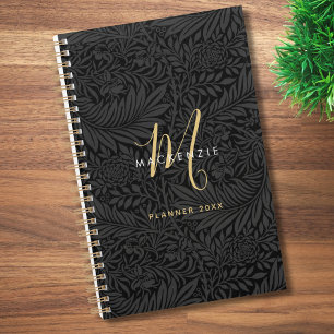 Elegantes Gold-Monogramm Schwarzes Florales 2026 Planer