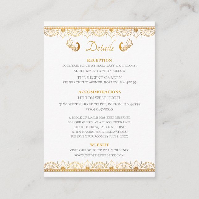 Elegantes Gold Muster Indische Hochzeitdetails Begleitkarte (Vorderseite)