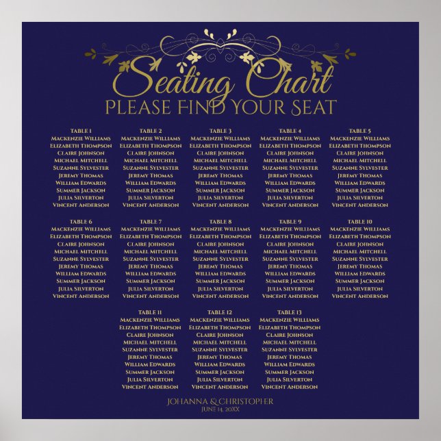Elegantes Gold & Navy 13 Table Seating Chart Poster (Vorne)