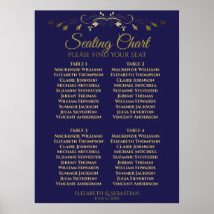 Elegantes Gold & Navy 4 Table Seating Chart Poster