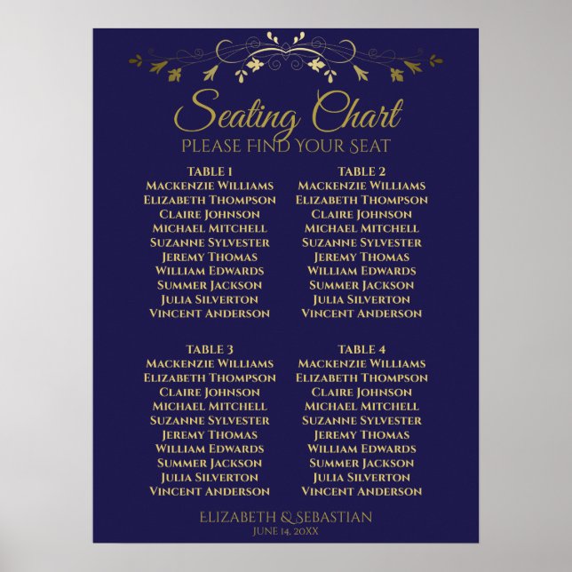 Elegantes Gold & Navy 4 Table Seating Chart Poster (Vorne)