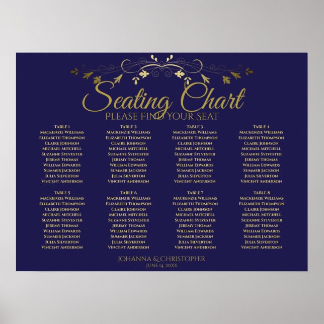 Elegantes Gold & Navy 8 Table Seating Chart Poster (Vorne)