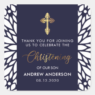 Elegantes Gold & Navy Blue Christening Vielen Dank Quadratischer Aufkleber