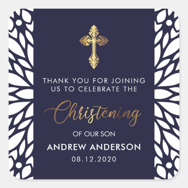 Elegantes Gold & Navy Blue Christening Vielen Dank Quadratischer Aufkleber (Vorderseite)
