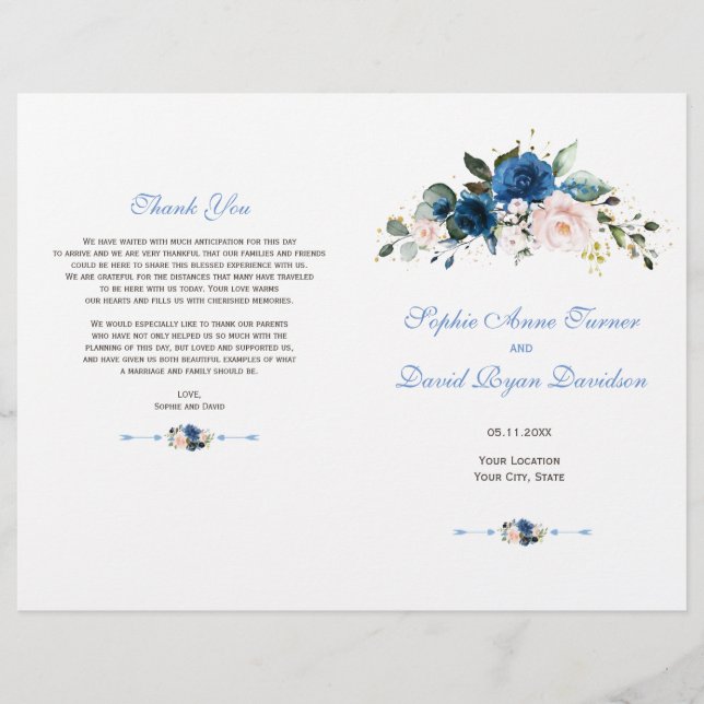 Elegantes Gold Navy Blue Pink Blume Programm Flyer (Vorne)