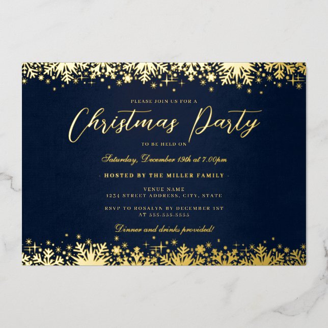 Elegantes Gold Navy Snowflake Weihnachts-Party Folieneinladung (Vorderseite)