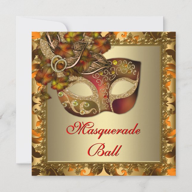Elegantes Gold Orange Red Masquerade Party Einladung (Vorderseite)