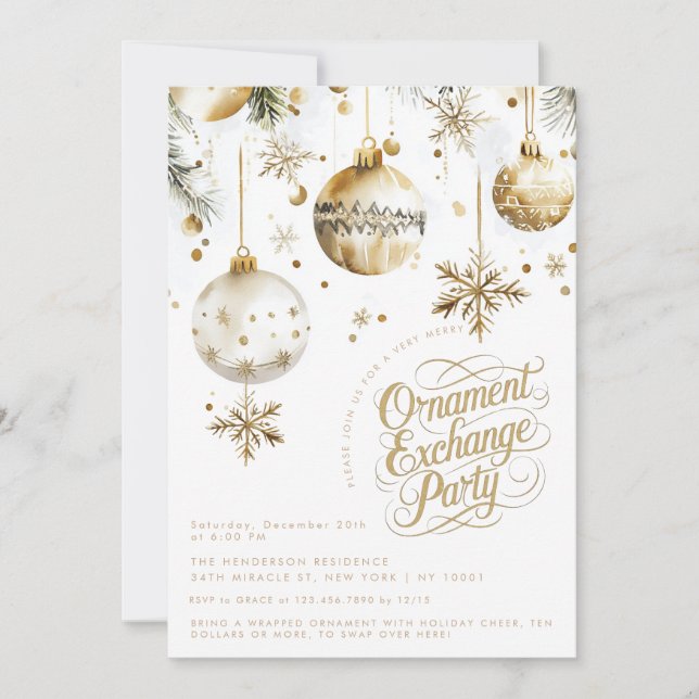 Elegantes Gold-Ornament-Austausch Weihnachts-Party Einladung (Vorderseite)