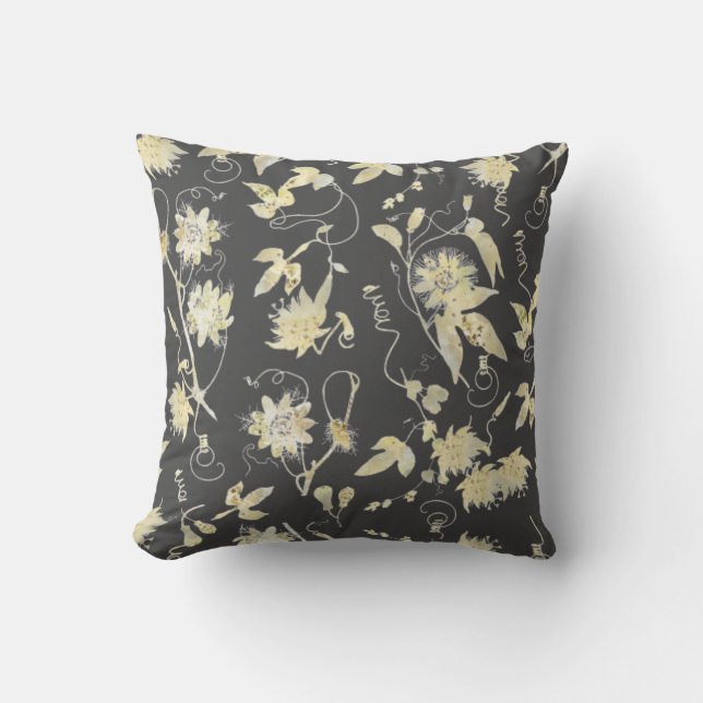 Elegantes Gold Passion Blume Muster auf Dunkelgrau Kissen (Vorderseite)