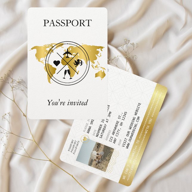 Elegantes Gold Passport Hochzeit in Urlaubsort Fot Einladung (gold and white elegant passport photo wedding invitation)