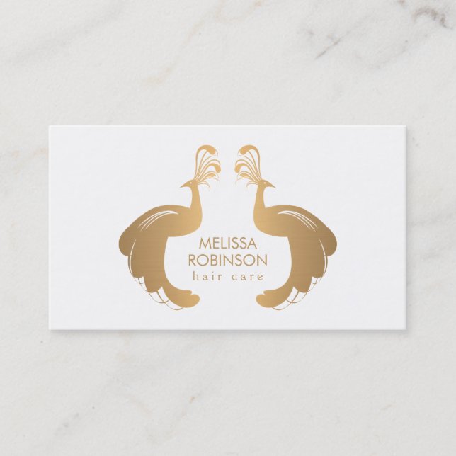 Elegantes Gold Peacocks Logo für die Haarstylistin Visitenkarte (Vorderseite)