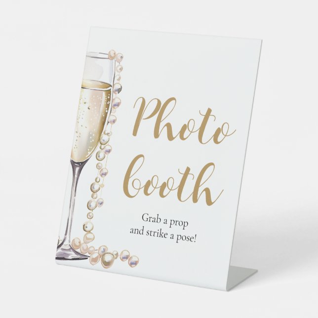 Elegantes Gold Pearls und Prosecco Foto Booth Sign Sockelschild (Vorderseite)