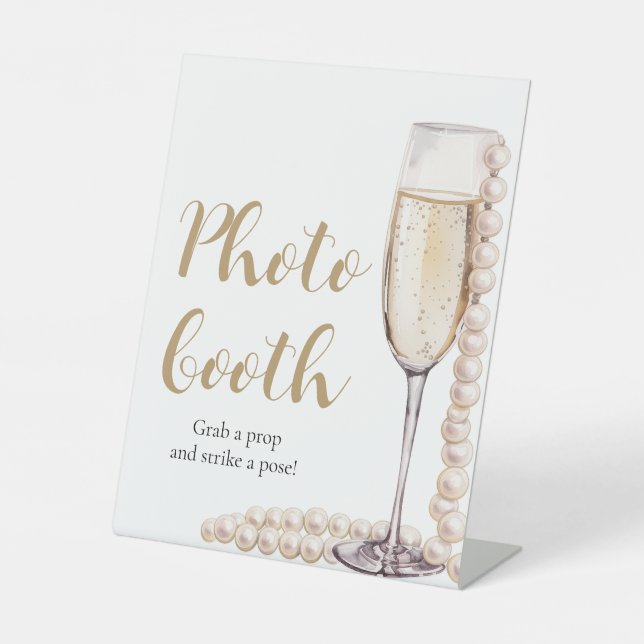Elegantes Gold Pearls und Prosecco Foto Booth Sign Sockelschild (Vorderseite)