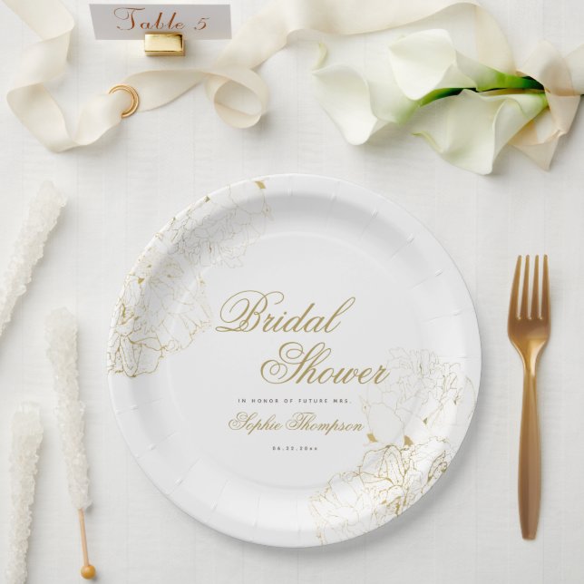 Elegantes Gold Peonies Floral Sketch Brautparty Pappteller (Hochzeit)