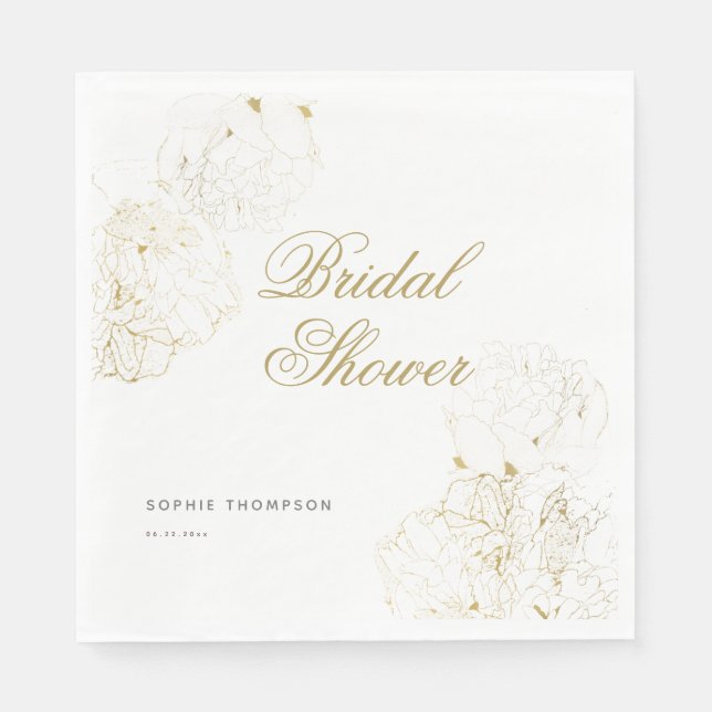 Elegantes Gold Peonies Floral Sketch Brautparty Serviette (Vorderseite)
