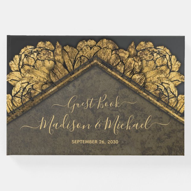 Elegantes Gold Peony Floral Wedding Gästebuch (Vorderseite)
