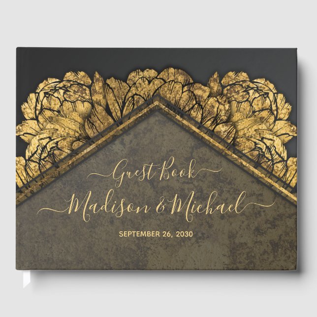 Elegantes Gold Peony Floral Wedding Gästebuch (Vorderseite)