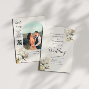 Elegantes Gold Peony Foto QR Code Hochzeit Einladung