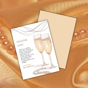 Elegantes Gold Perlen & Prosecco Brautparty Dankeskarte