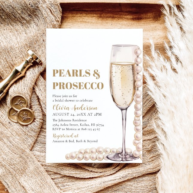 Elegantes Gold Perlen und Prosecco Brautparty Einladung (Von Creator hochgeladen)