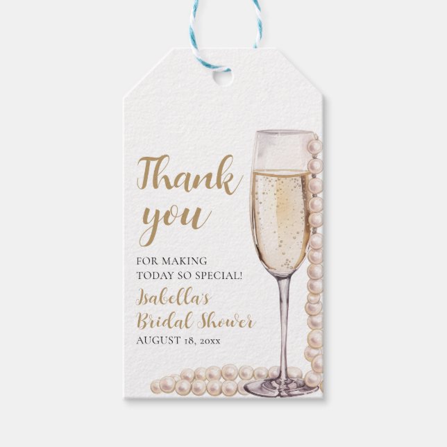Elegantes Gold Perlen und Prosecco Brautparty Geschenkanhänger (Vorderseite)