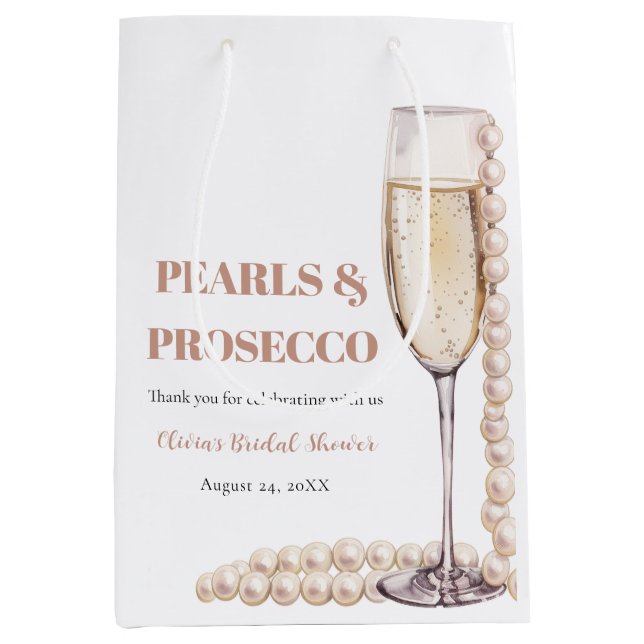 Elegantes Gold Perlen und Prosecco Brautparty Mittlere Geschenktüte (Vorderseite)