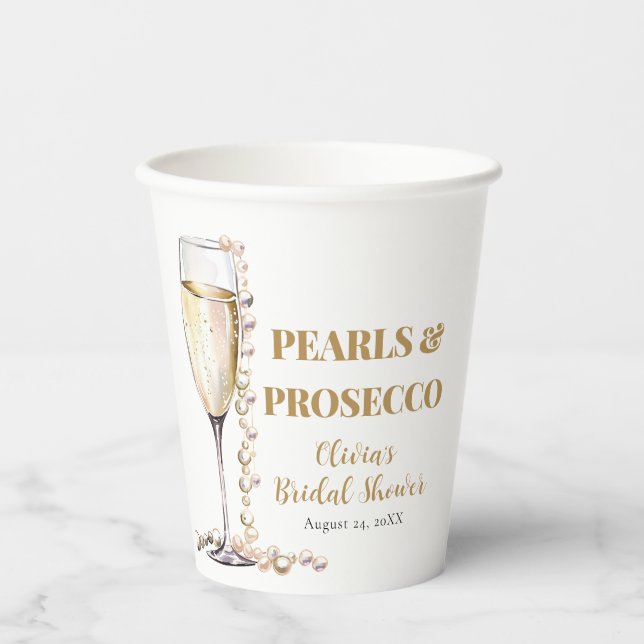 Elegantes Gold Perlen und Prosecco Brautparty Pappbecher (Vorderseite)