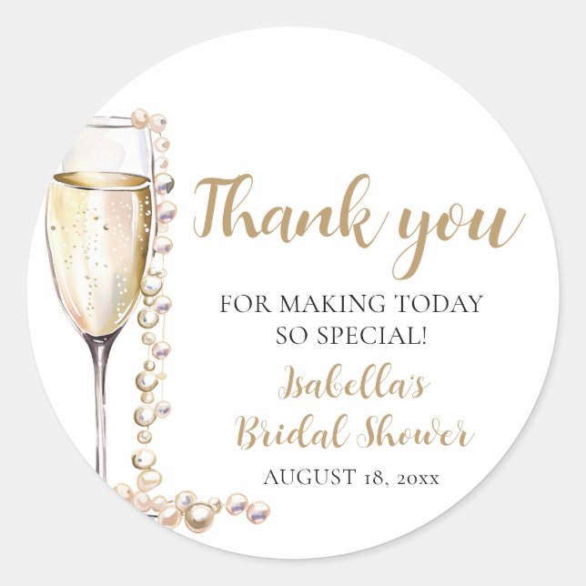 Elegantes Gold Perlen und Prosecco Brautparty Runder Aufkleber (Vorderseite)